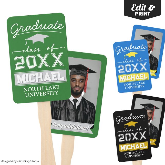 Éventail Jardin de graduation modifiable Nom et nom de l'éc (Editable Graduation Hand Fan with Name & School, Custom Green White Hand Fan for Graduation Ceremony)