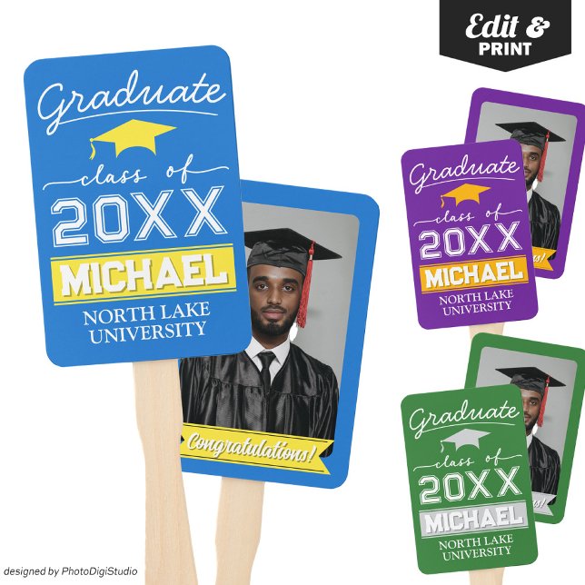 Éventail Jardin de graduation modifiable Nom et nom de l'éc (Editable Graduation Hand Fan with Name & School, Custom Blue Yellow Hand Fan for Graduation Ceremony)