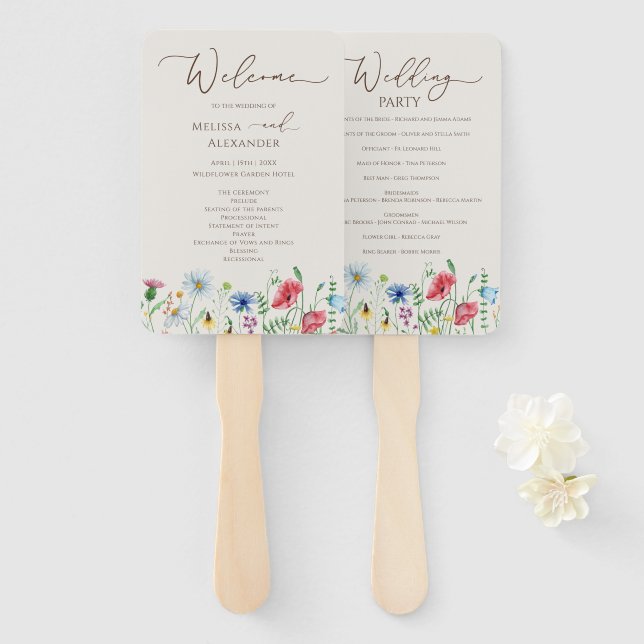 Éventail Jardin fleur sauvage Programme de mariage beige Ve (Devant et derrière)
