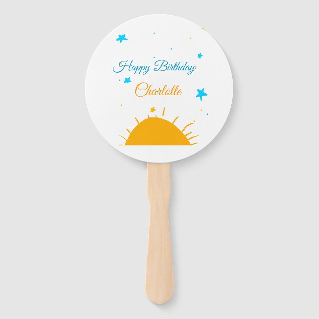 Éventail Jaune soleil bleu étoiles heureux anniversaire ajo (Devant)