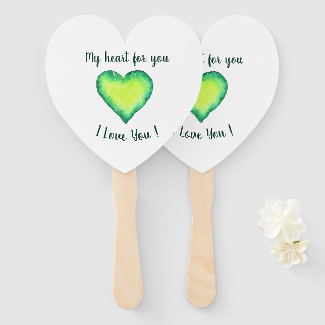 Éventail Je t'aime Mignonne Vert et Bleu Saint Valentin (Devant et derrière)