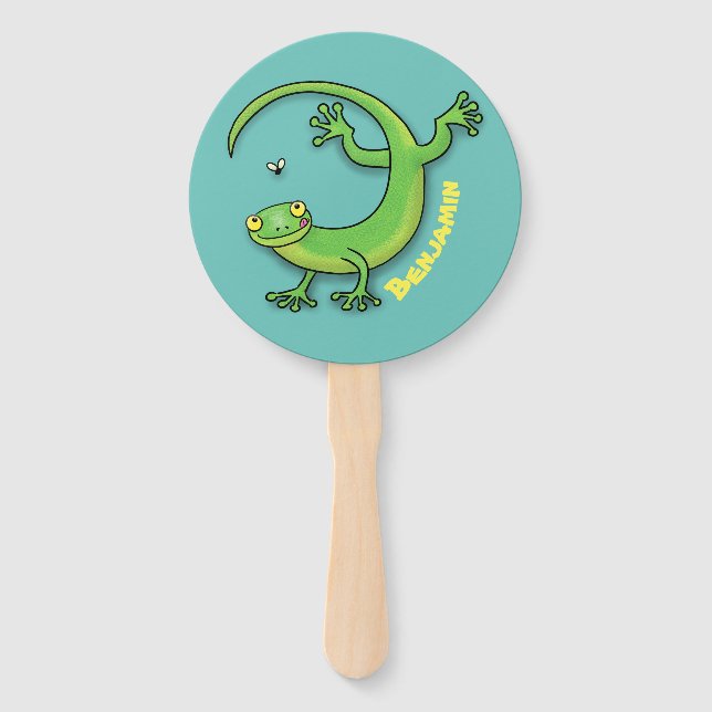 Éventail Joli gecko vert salutations avec dessin animé (Devant)