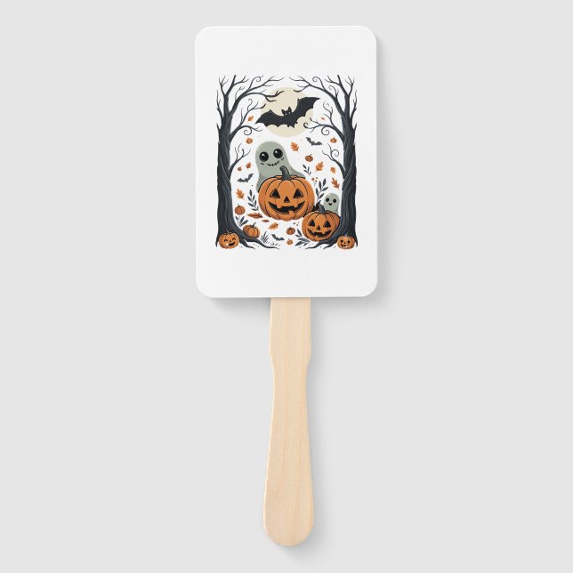 Éventail Jolis fantômes d'Halloween et forêt de citrouilles (Devant)