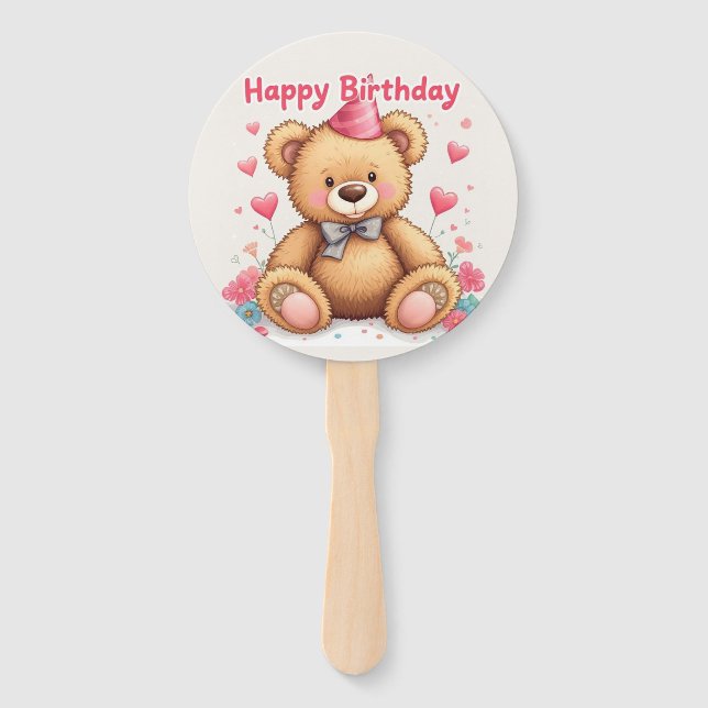 Éventail Joyeux Anniversaire Ourson Mignon avec des Cœurs R (Devant)