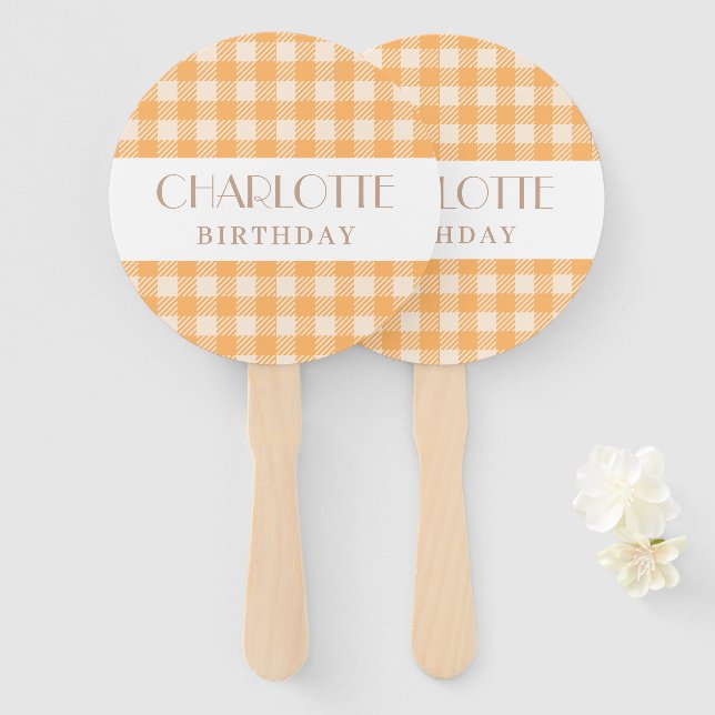 Éventail Joyeux Fun Orange en vichy plaid chèque anniversai (Devant et derrière)