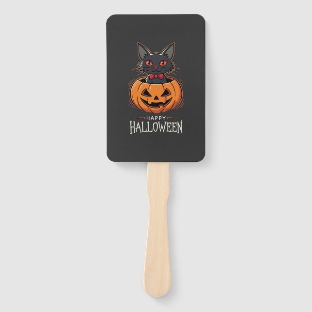 Éventail Joyeux Halloween Chat Noir Design de Citrouille_1 (Devant)