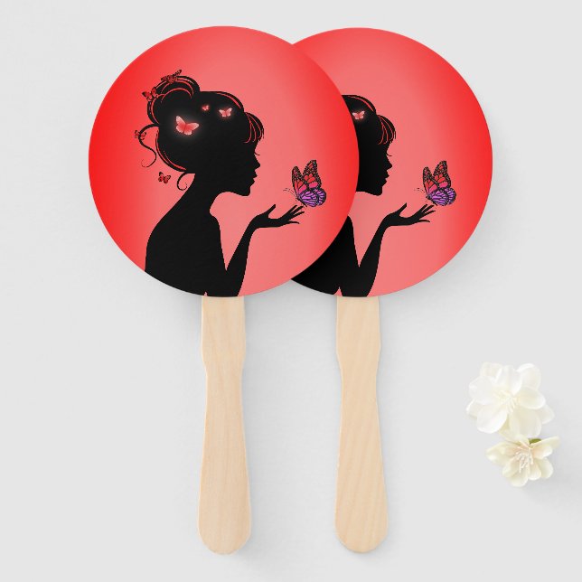 Éventail La femme papillons rouges (Devant et derrière)