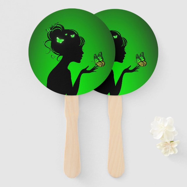 Éventail La femme papillons verts (Devant et derrière)