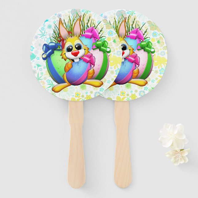 Éventail Lapin drôle mordant un œuf de Pâques (Devant et derrière)