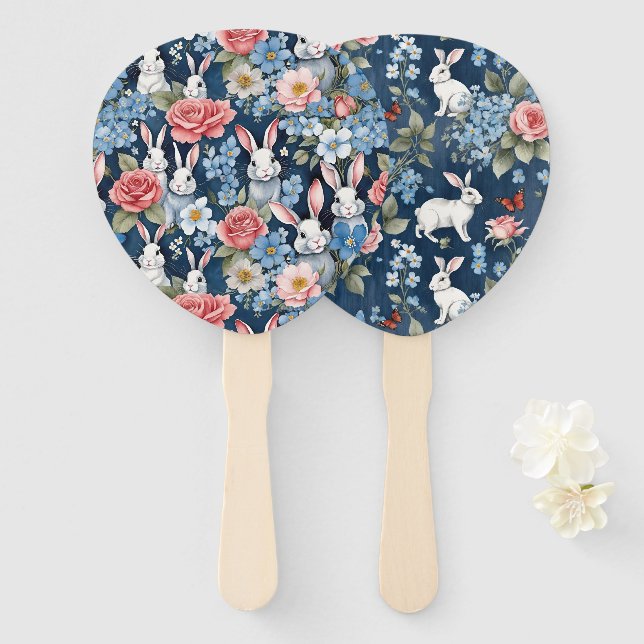 Éventail Lapins de Pâques et Florales Bleu Nuit (Devant et derrière)