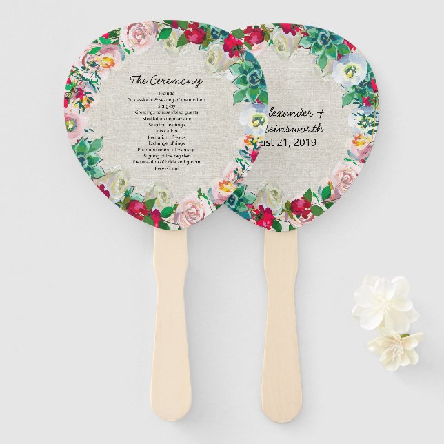 Éventail Linge Look Floral Wreath Programme de mariage Vent (Devant et derrière)