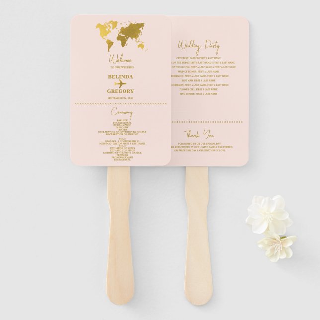 Éventail Livret de mariage Rose poudré Or Programme (Devant et derrière)