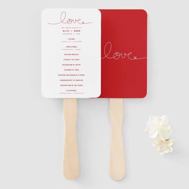 Éventail Loopy Love Lines Red Heart Wedding Programme (Devant et derrière)
