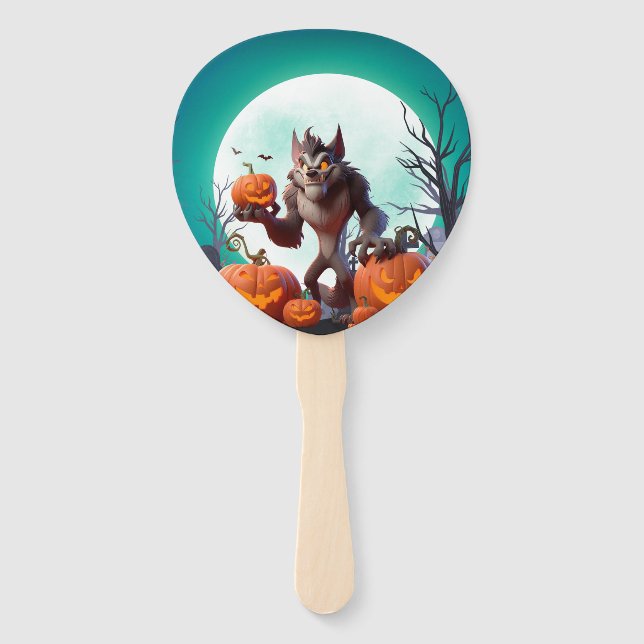 Éventail Loup-garou d'Halloween et citrouilles (Devant)