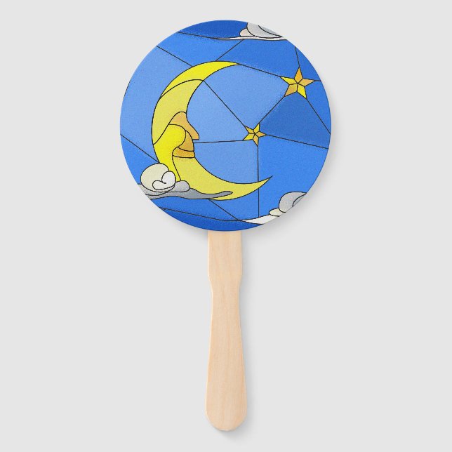 Éventail Lune en verre tendu, étoiles et ventilateur à main (Devant)