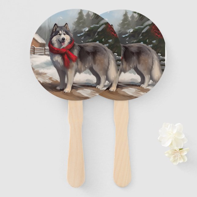 Éventail Malamute d'Alaska dans la neige de Noël (Devant et derrière)