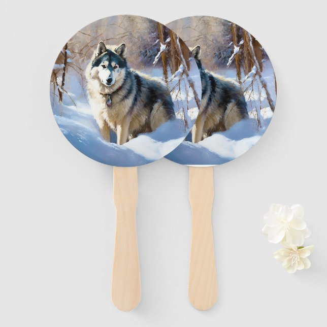 Éventail Malamute d'Alaska Qu'il neige Noël (Devant et derrière)
