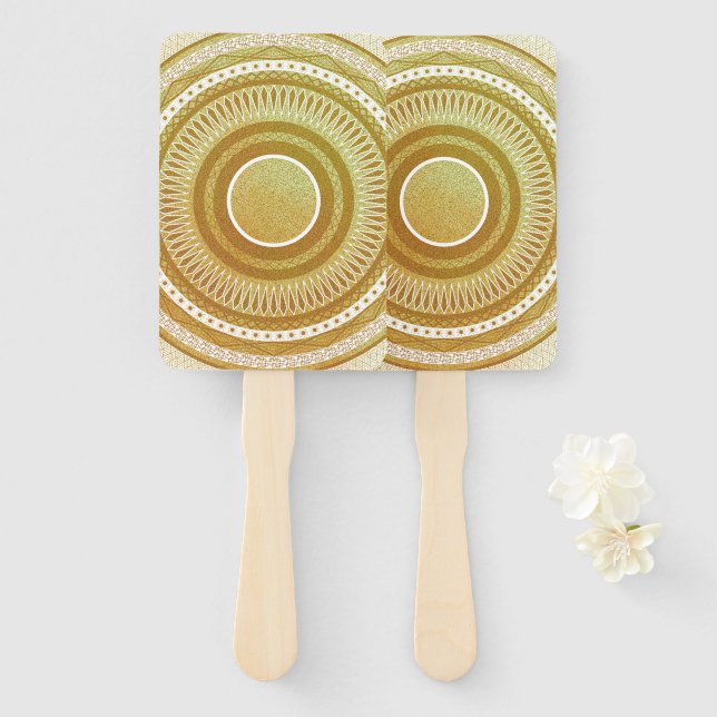 Éventail Mandala d'or et de paillettes (Devant et derrière)