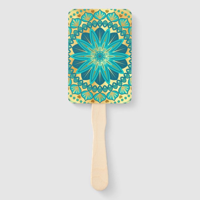 Éventail Mandala Fleur Bleu Or (Devant)