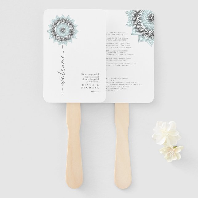 Éventail Mandala Lace Rev Mariage Bienvenue Lt. Blue ID968 (Devant et derrière)