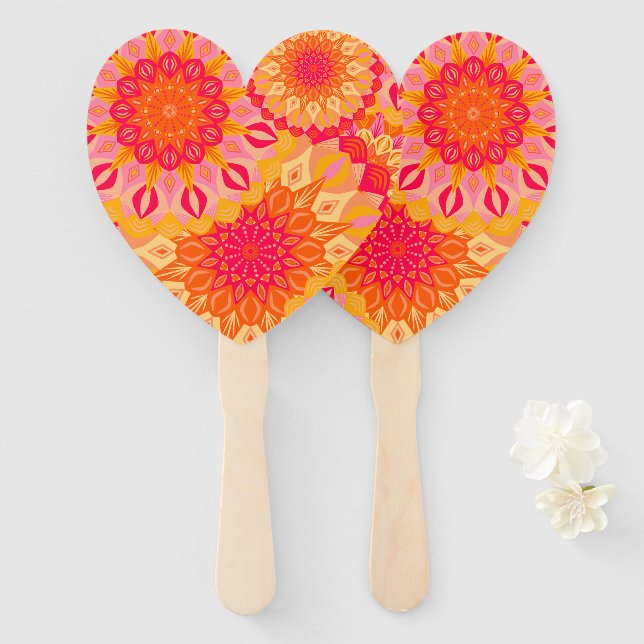 Éventail Mandala superposé orange rose jaune (Devant et derrière)