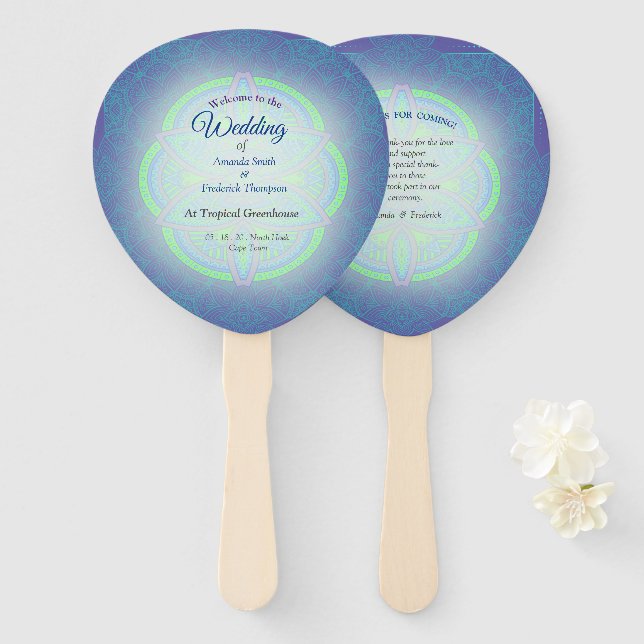 Éventail Mandalas en bleu néerlandais mixte (Devant et derrière)