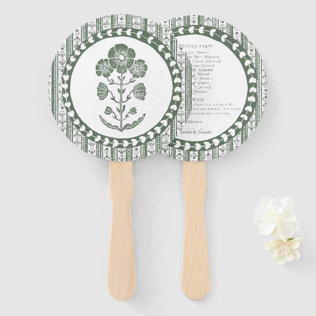 Éventail Mariage à impression botanique verte et blanche (Devant et derrière)