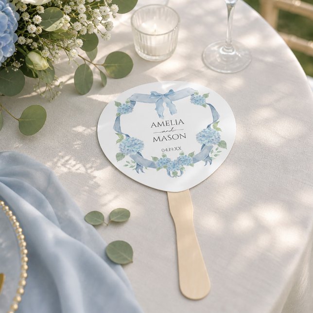 Éventail Mariage à l'aquarelle avec hydrangea bleu poussiér (Dusty Blue Hydrangea Crest Watercolor Wedding Hand Fan)