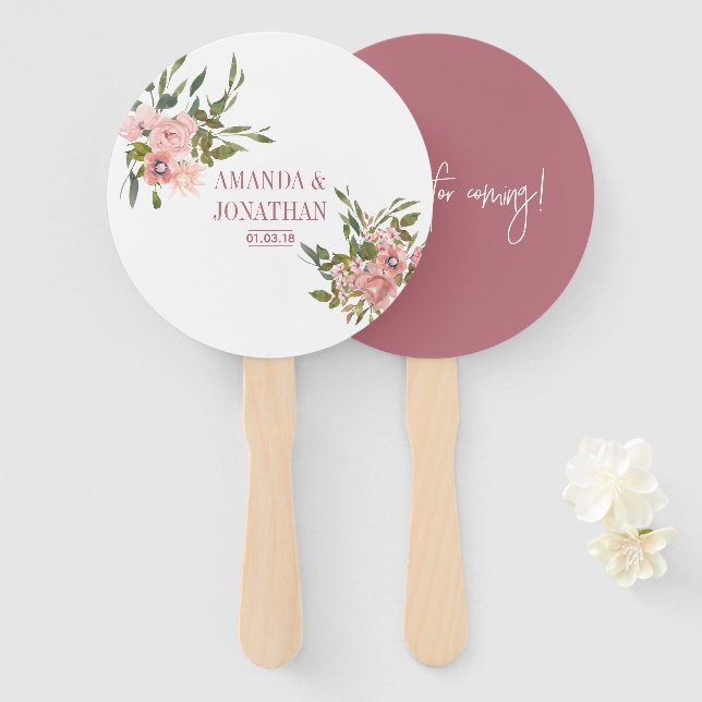 Éventail Mariage aquarelle florale Rose et Or Rose (Devant et derrière)