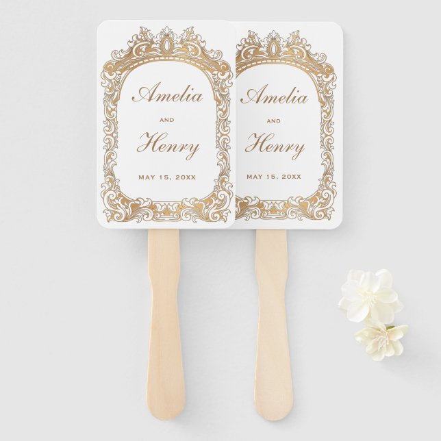 Éventail Mariage blanc de bordure Gold Classic (Devant et derrière)