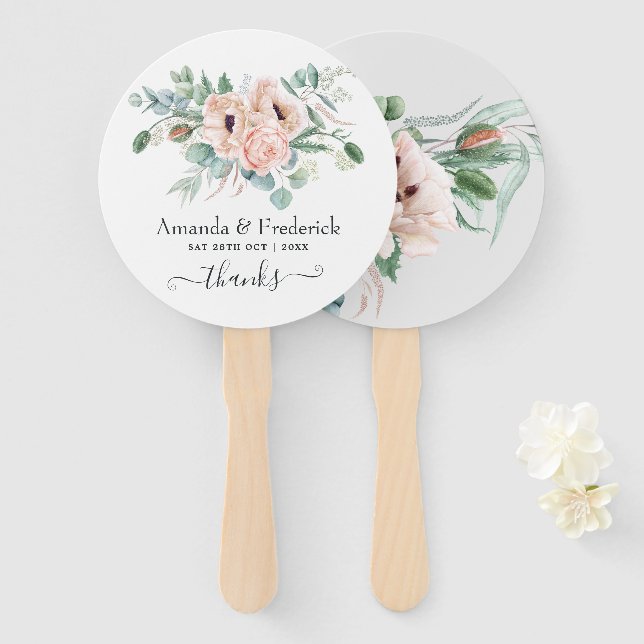 Éventail Mariage Bohème Eucalyptus Rose Pavot (Devant et derrière)