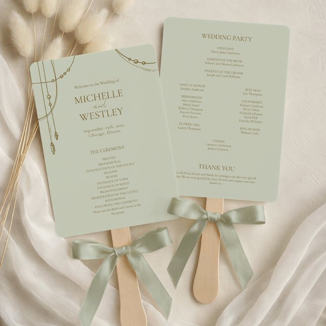 Éventail Mariage Bohème Vert Sauge Clair Drapé Perlé (Créateur téléchargé)