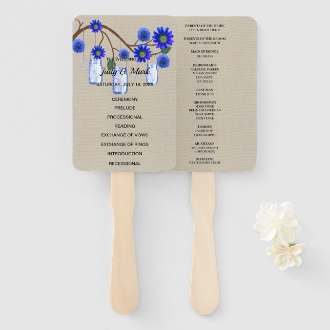 Éventail Mariage Burlap bleu rustique Floral Mason Jars (Devant et derrière)