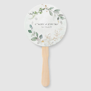 Éventail Mariage Calligraphie Or Eucalyptus Rustique F Main