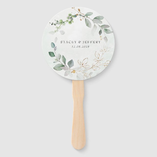 Éventail Mariage Calligraphie Or Eucalyptus Rustique F Main (Devant)