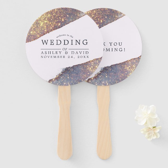 Éventail Mariage Chic Iridescent Violet Or Pailleté (Devant et derrière)