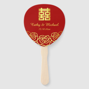 Éventail Mariage chinois floral rose papier découpé rouge e