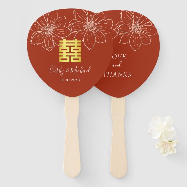 Éventail Mariage chinois floral rouge moderne bohème (Devant et derrière)