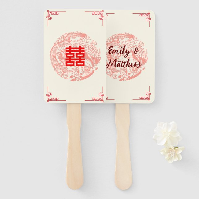 Éventail Mariage chinois rouge dragon et Phénix (Devant et derrière)
