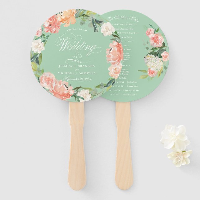 Éventail Mariage d'accueil Floral à la menthe de Brosse (Devant et derrière)