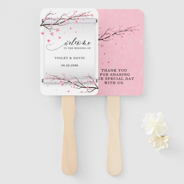 Éventail Mariage d'arbre de fleurs de cerisiers blancs japo (Devant et derrière)