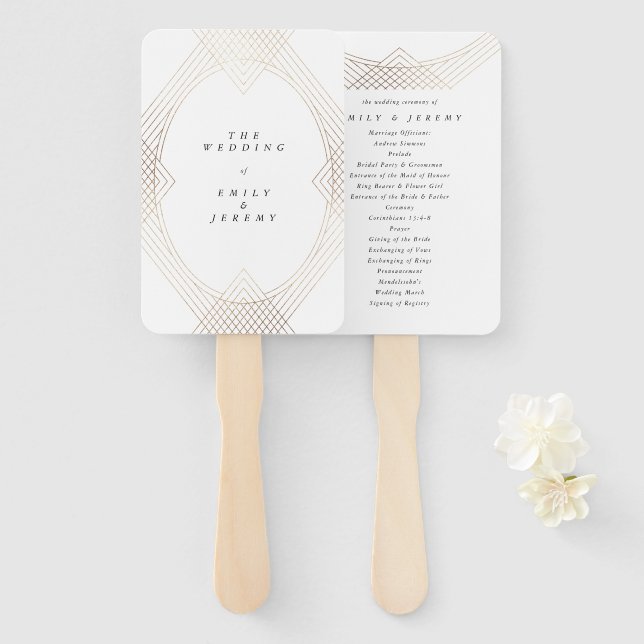 Éventail Mariage d'Art Déco Géométrique Ovale Blanc Or (Devant et derrière)