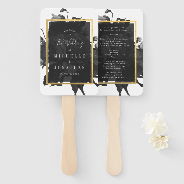 Éventail Mariage de bouquet Black Gold Rose (Devant et derrière)