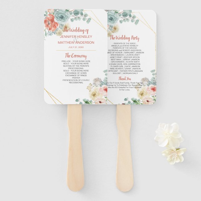 Éventail Mariage de cadre géométrique fleuri de l'abricot (Devant et derrière)