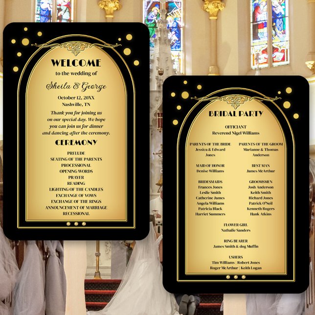 Éventail Mariage de Confetti en or noir (Classic gold and black wedding program hand fan with elegant sparkling gold confetti.)