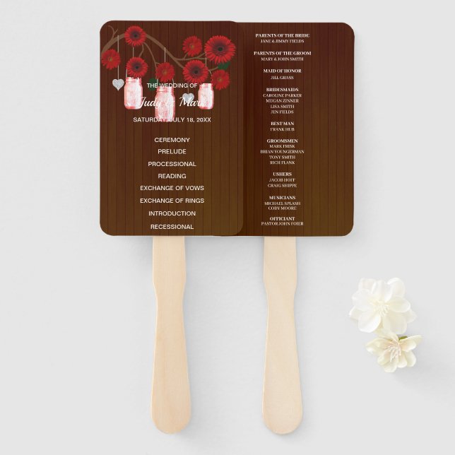 Éventail Mariage de jarres de mason rouge foncé rustique (Devant et derrière)