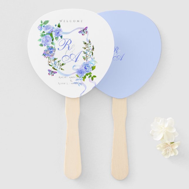 Éventail Mariage de monogramme Rose bleu (Devant et derrière)