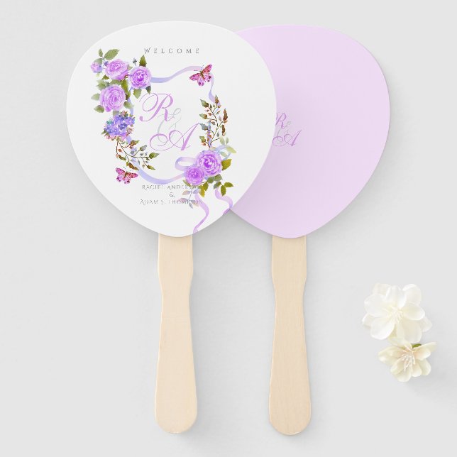 Éventail Mariage de monogramme Rose violet (Devant et derrière)