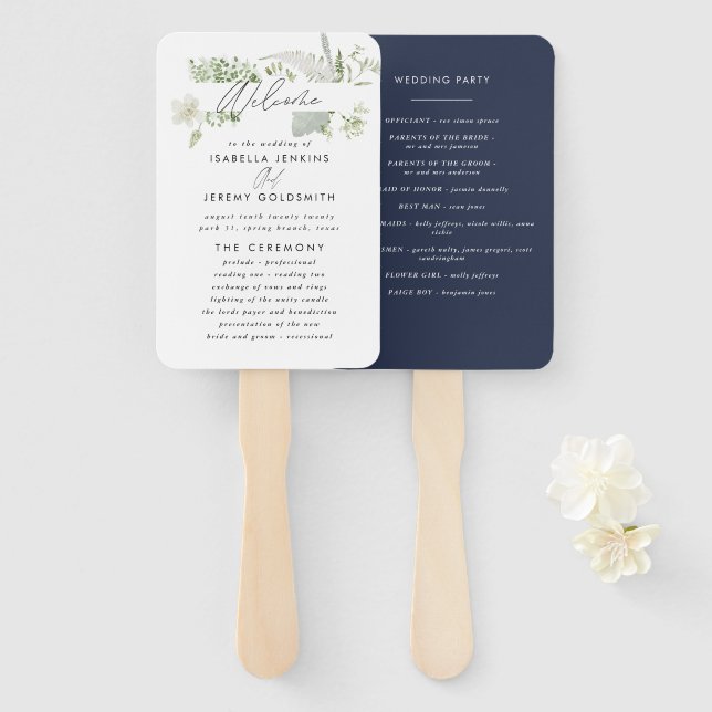 Éventail Mariage de script botanique moderne bleu marine (Devant et derrière)