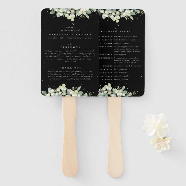 Éventail Mariage d'hiver Elégant Black Snowberry+Eucalyptus (Devant et derrière)